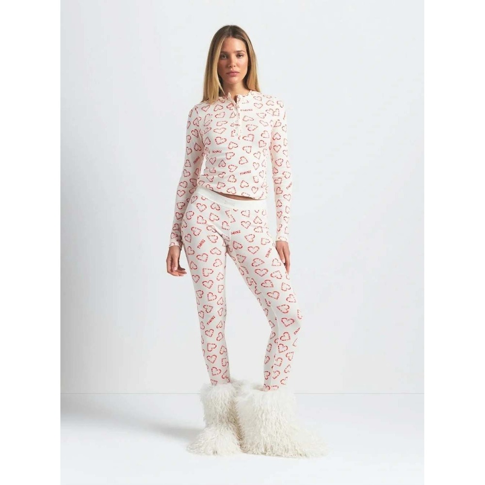 SKIMS Marble Candy Heart Print Cotton Rib Henley Pant Pajama Set XS Christmas